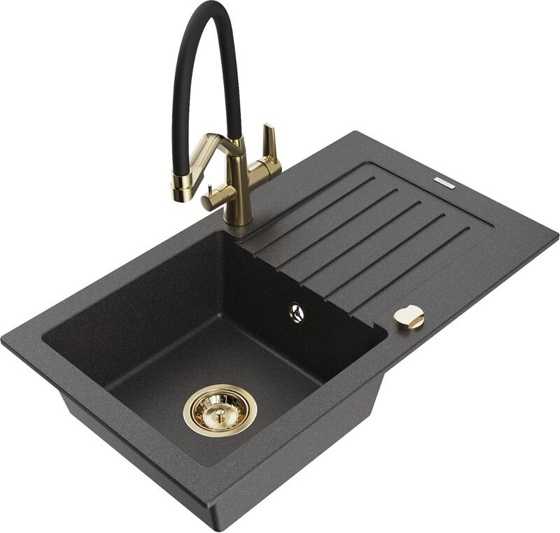 Pablo 1 Becken-Granitspüle mit Abtropffläche und Mischbatterie Duo, Schwarz gesprenkelt - 6510 - Mexen
