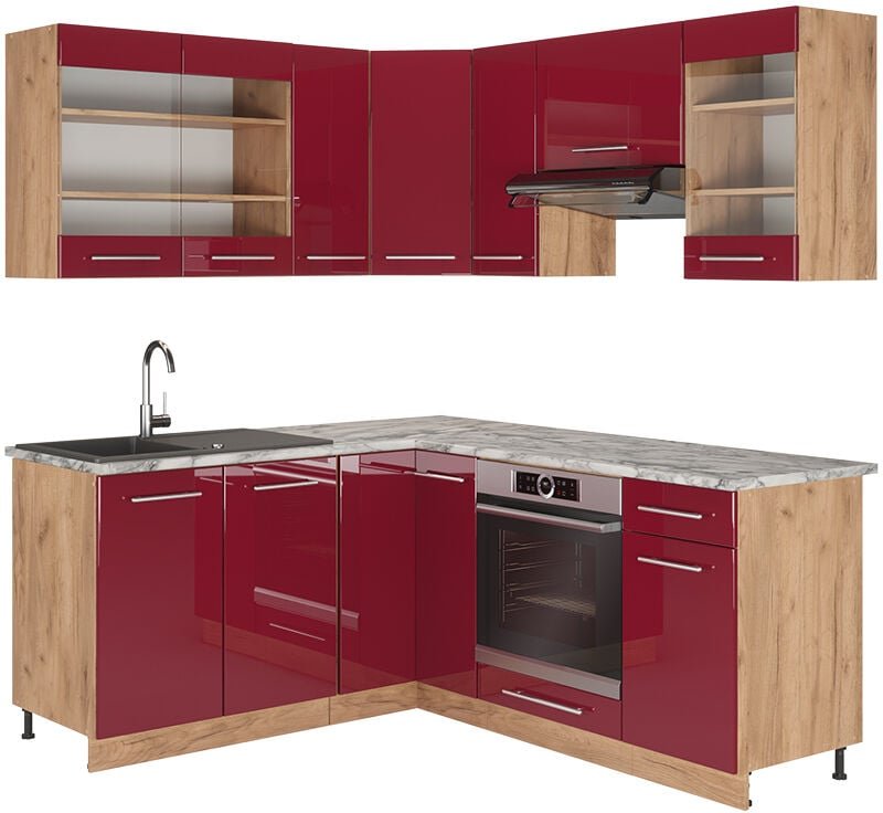 Vicco - Eckküche Fame-Line, Bordeaux Hochglanz/Goldkraft Eiche, 160 x 60 cm ohne Arbeitsplatte