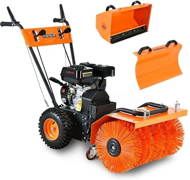 Benzin Kehrmaschine FX-KM196 mit Kehrbesen und 196cc Hubraum inklusive Schneeschieber und Kehrgutsammelbehälter / Auffan...
