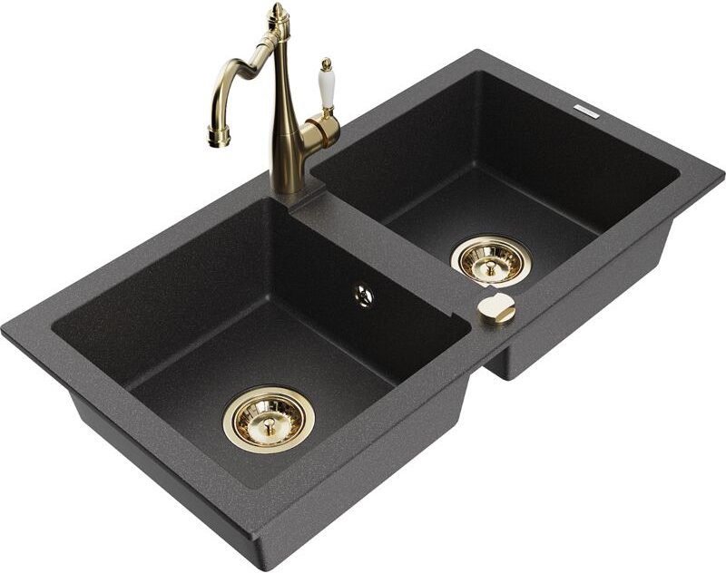 Mexen Mario 2-Becken-Granitspüle mit Mischbatterie Carla, Schwarz gesprenkelt - 6504-76-670700-50