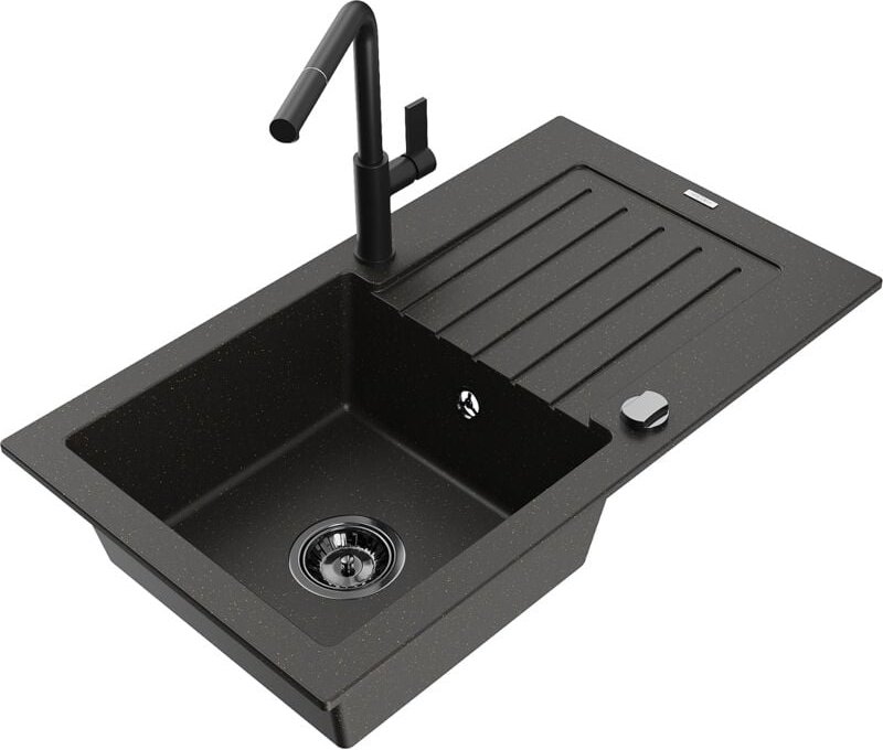 Mexen Pablo 1 Becken-Granitspüle mit Abtropffläche und Mischbatterie Flora, Schwarz/Gold metallisch