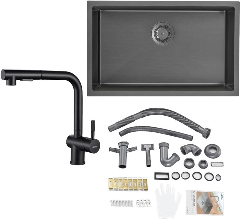 Edelstahl Küchenspüle + Hochdruck Ausziehbare Küchenarmatur, große Küchenspüle für ab 80 cm Küchenschrank, Dunkelgrau