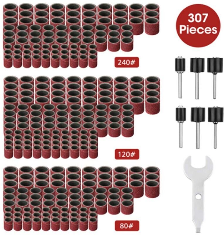 307-teiliges Trommelschleifer-Set, Schleiftrommel-Kit – 300 Schleifbandhülsen (80/120/240) + 6 Trommeldorne für Rotation...