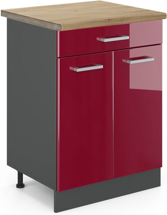 Küchenunterschrank R-Line, Bordeaux Hochglanz, 60 cm , AP Eiche, Vicco