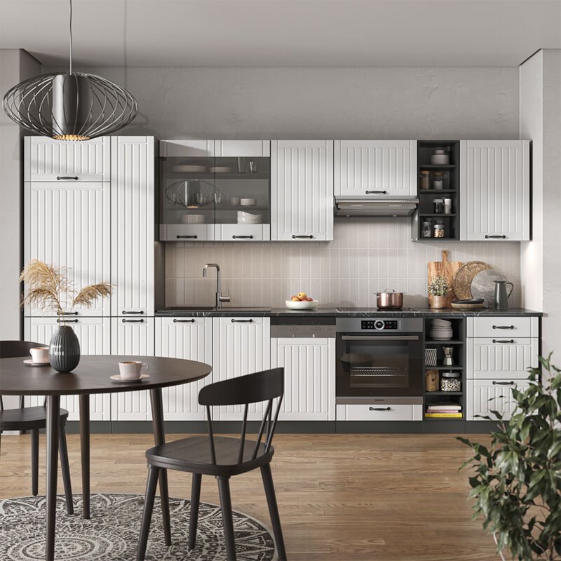 Küchenzeile Fame-Line, Weiß Landhaus/Anthrazit, 355 cm , AP Marmor, Vicco