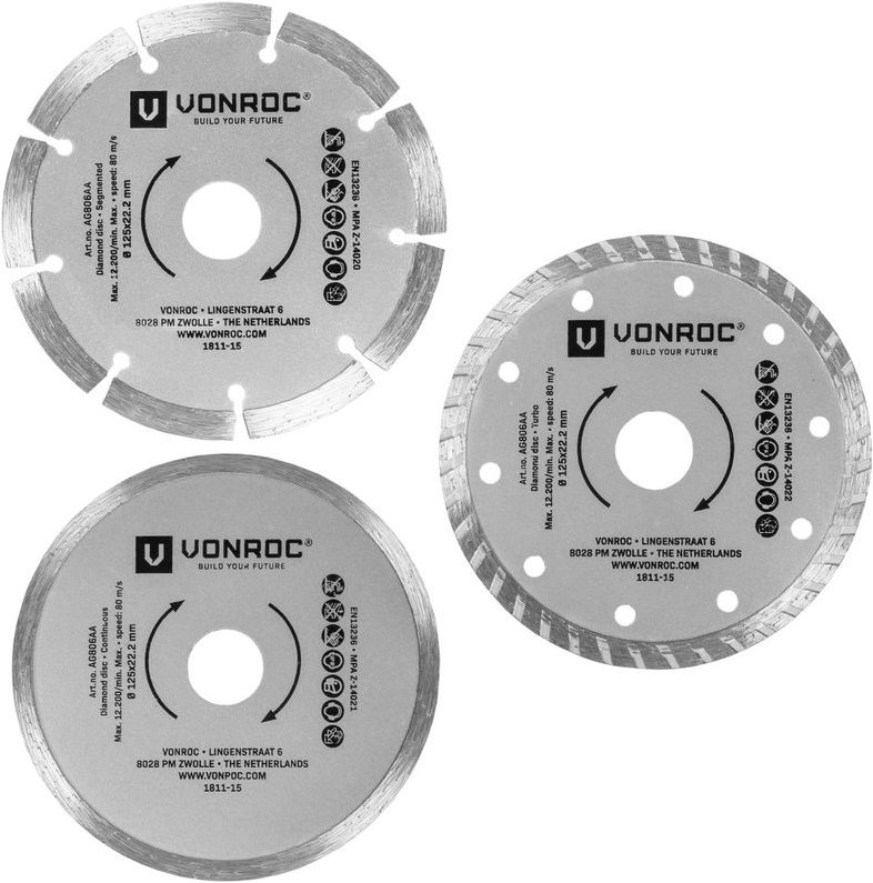 Universelles Diamant-Trennscheiben-Set 3-teilig - Segment, Turbo und Vollrand - ø 125 x 1,2 x 22,2 mm