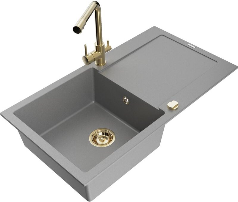 Leo 1 Becken-Granitspüle mit Abtropffläche und Mischbatterie Duero, Grau - 6501-71-671600-50 - Mexen