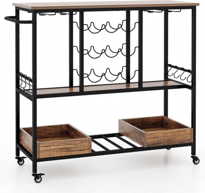 108 x 40 x 91 cm 3 stockig kuchenwagen mit rollen amp glashaltern amp weinregal amp haken servierwagen rollwagen braun