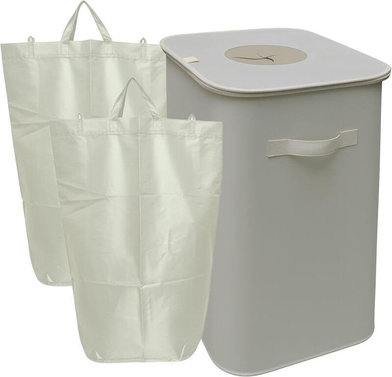 Relaxdays Pfandflaschen Sammelbehälter, 100 L, 2 Tragetaschen, abwischbar, Recycling, Flaschensammler für Leergut, beige