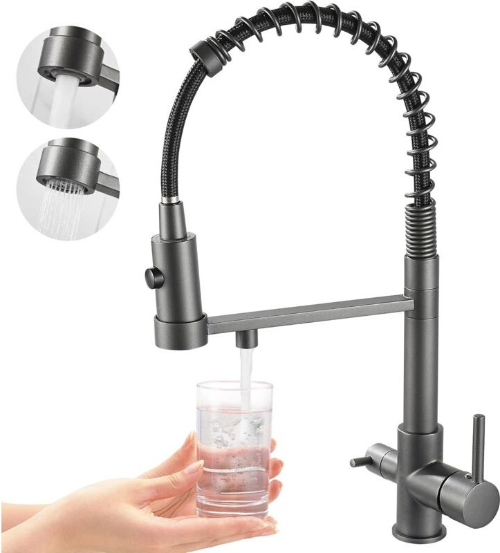 Dreiwege-Küchenarmatur, herausziehbarer Küchenarmatur, Messing-Spültischarmatur, 3-in-1-Wasserfilter-Mischbatterie (grau...