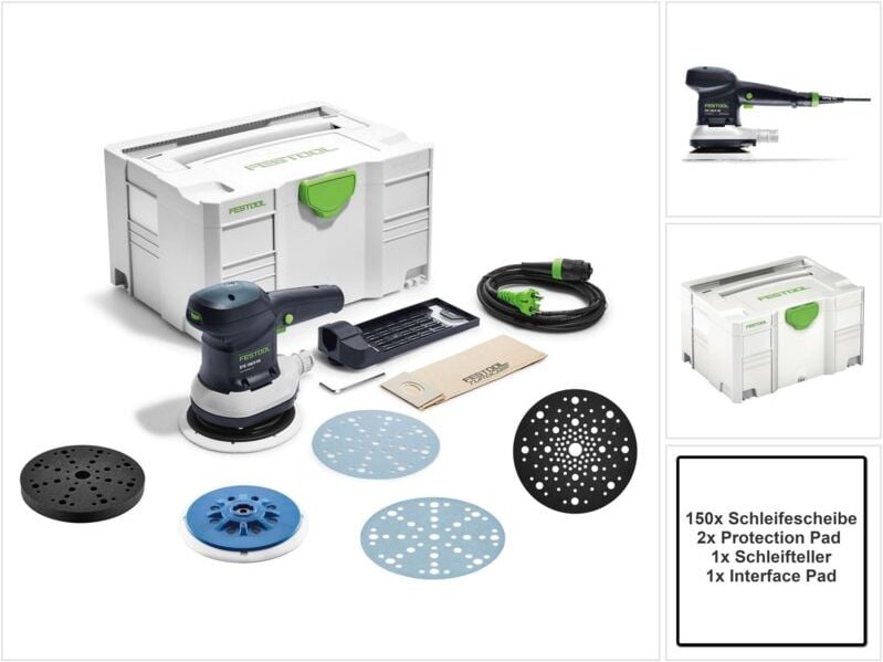 Festool ETS 150/5 EQ-Plus Exzenterschleifer 310 W 150 mm + 150x Schleifscheibe + 2x Protection Pad + Schleifteller+ Inte...