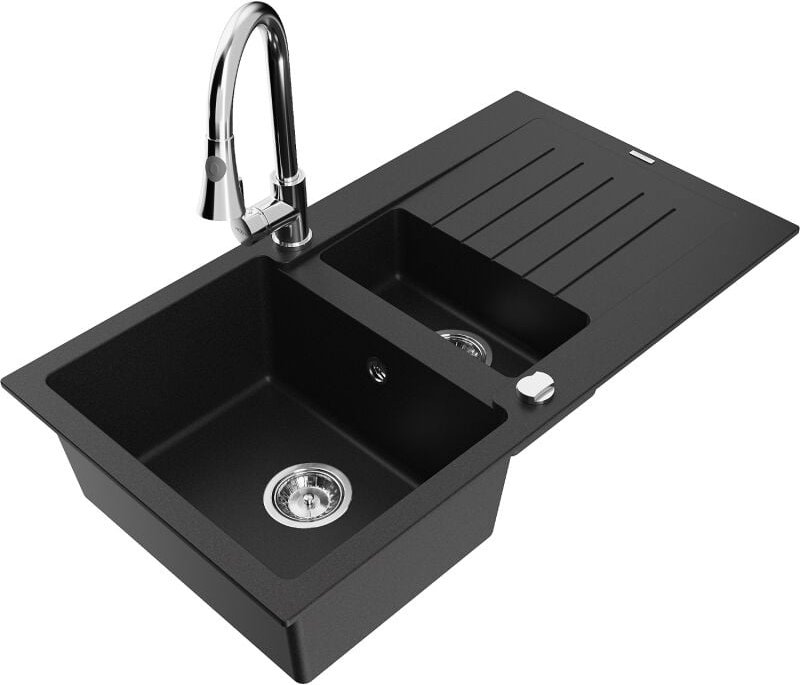 Matias 1,5-Becken-Granitspüle mit Abtropffl√§che und Mischbatterie Elia, Schwarz - 6502-77-670101-00 - Mexen