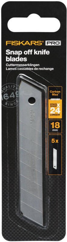 CarbonMax 5 Stück Cuttermesserklingen 18mm bis zu 24x länger scharf, 1027232 - Fiskars