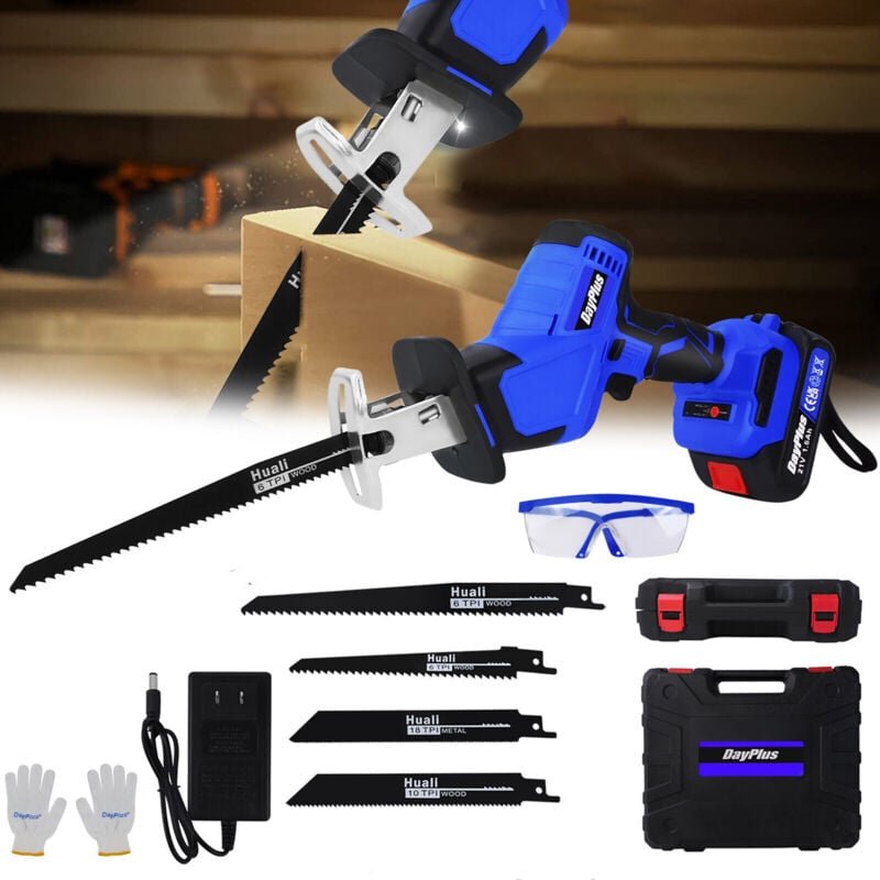 Dayplus - Reciprocating Saw mit 1x Lithium-Ionen-Batterie und einem Ladegerät, No-Load Speed Akku elektrische Reciprocat...
