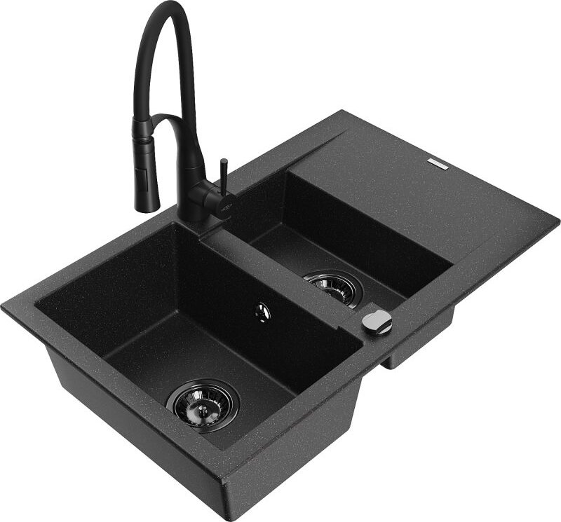 Gaspar 1,5-Becken-Granitspüle mit Abtropffl√§che und Mischbatterie Aster, Schwarz/Silber - 6507-73-73450-70-B - Mexen