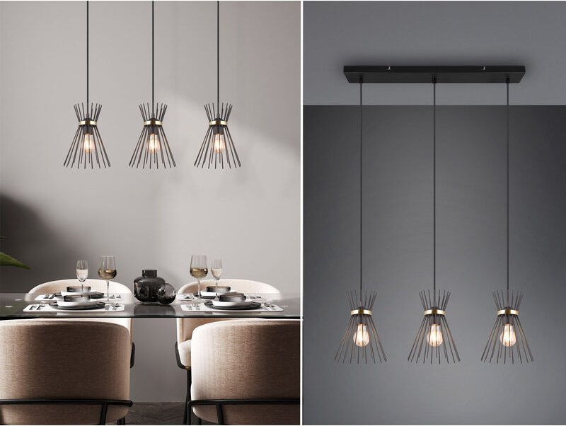 Trio - Ausgefallene Pendelleuchte rod, 3 Draht Lampenschirme Schwarz-Gold, Breite 82cm