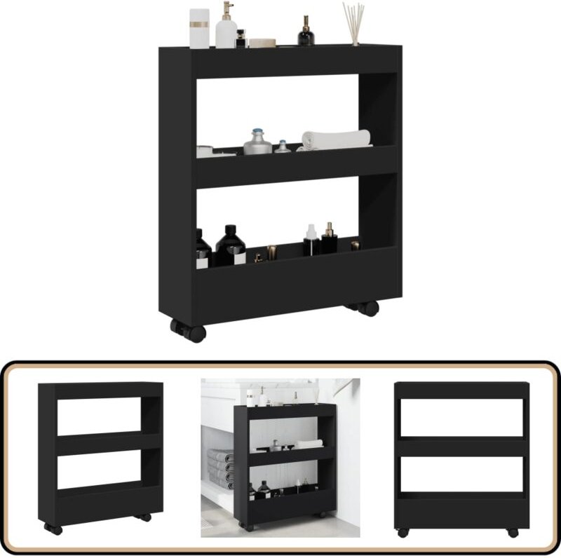 Aufbewahrungswagen Schmal 3 Etagen Schwarz Holzwerkstoff - Vidaxl