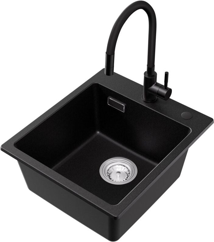 Cecipa Max - Granitspüle 40 x 45 cm Spülbecken Granit, Küchenspüle + Hochdruck flexiblere Küchenarmatur mit 2 Strahlarte...