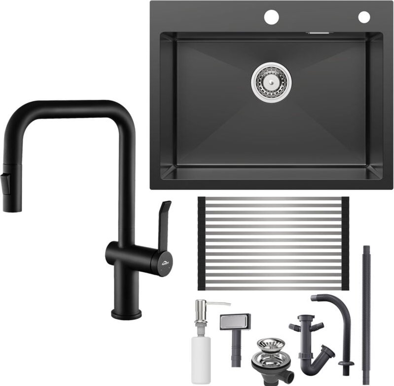 Edelstahl Küchenspüle 58 x 45 cm Einbauspüle + Hochdruck Ausziehbare Küchenarmatur, Küchenspülbecken für ab 65cm Untersc...