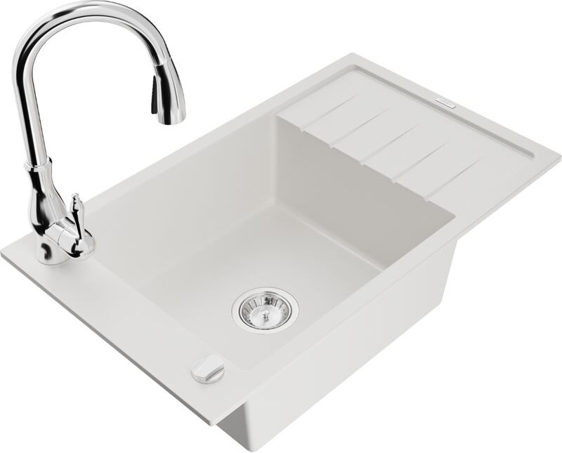 Elias 1 Becken-Granitspüle mit Abtropffläche und Mischbatterie Savita, Weiß - 6511-20-672601-0 - Mexen