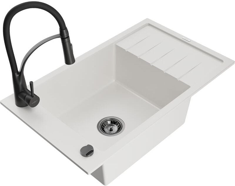 Elias 1 Becken-Granitspüle mit Abtropffl√§che und Mischbatterie Aster, Wei√ü - 6511-20-73450-70-B - Mexen