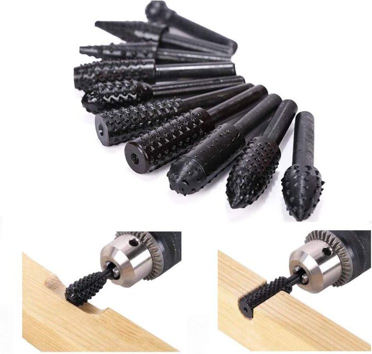 10-teiliges Holzraspel-Set, Holzschaft-Fräsbohrer-Werkzeug, Holzschnitzerei-Schleifgerät, Schleifscheibe, konischer Scha...