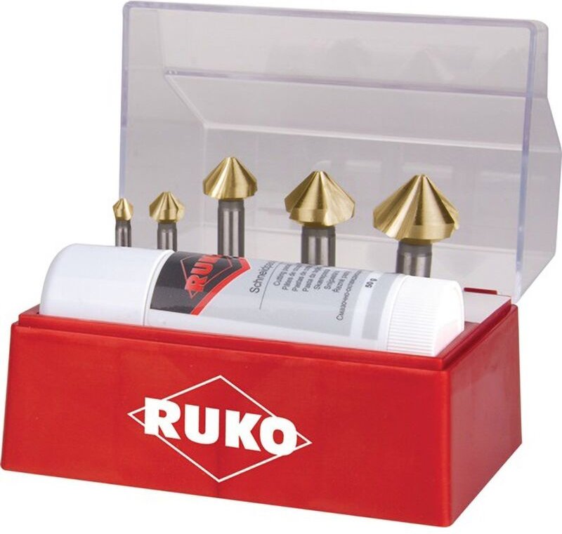 Kegel- und Entgratsenker-Satz 6tlg. din 335 Form c 90° HSS-TiN ø 6,3 - 25 mm + Schneidpaste 50 ml in Kunststoffkassette ...