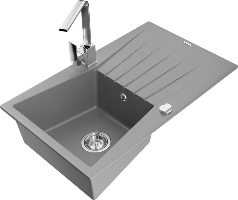 Cesar 1 Becken-Granitspüle mit Abtropffläche und Mischbatterie Rita, Grau - 6514-71-670300-00 - Mexen