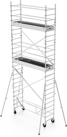 Rollgerüst aus Alu, Länge 2,40m, 2 Bühnen 231x30cm mit Fußleisten, Füße regulierbar, schwenkbare Ausleger, Traglast 200k...