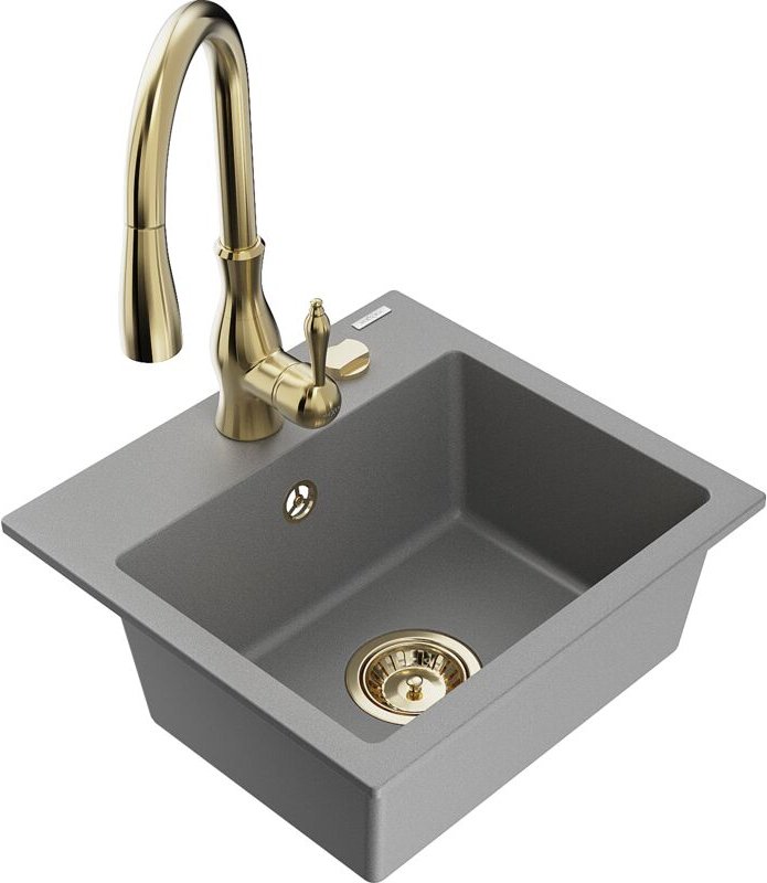 Milo 1-Becken-Granit-Spüle mit Mischbatterie Savita, Grau - 6505-71-672601-50 - Mexen