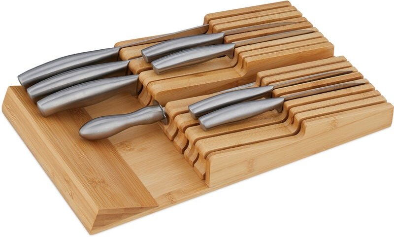 Messerhalter Schublade, für 16 Messer & Wetzstahl, Bambus Messerblock liegend, HxBxT: 5,5 x 24 x 40 cm, natur - Relaxday...