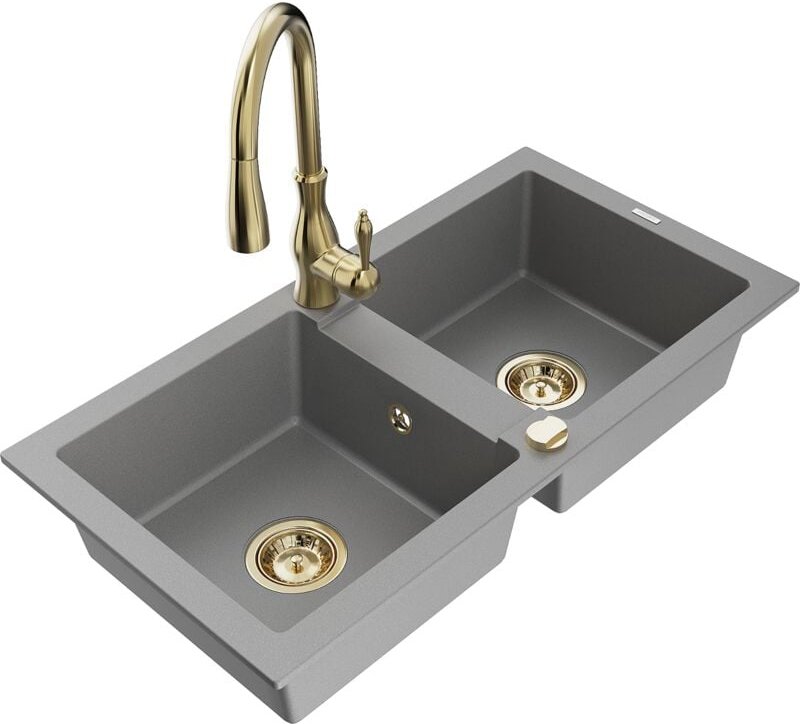 Mario 2-Becken-Granitspüle mit Mischbatterie Savita, Grau - 6504-71-672601-50 - Mexen