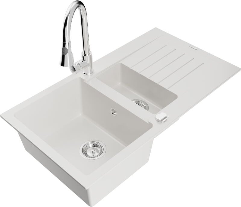 Matias 1,5-Becken-Granitspüle mit Abtropffl√§che und Mischbatterie Elia, Wei√ü - 6502-20-670101-00 - Mexen
