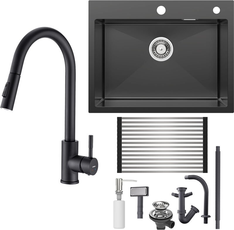 Edelstahl Küchenspüle 58 x 45 cm Einbauspüle + Hochdruck Ausziehbare Küchenarmatur, Küchenspülbecken für ab 65cm Untersc...