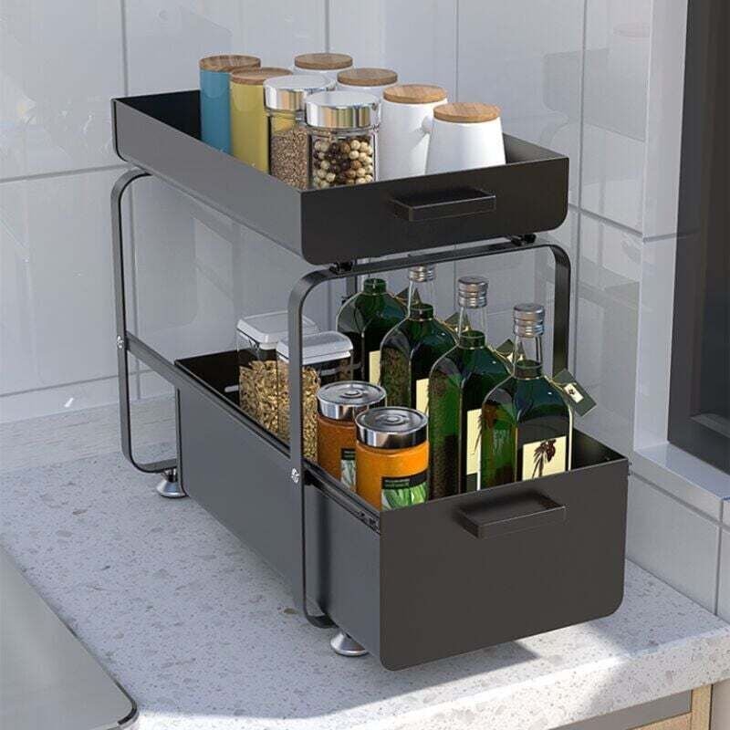 Alovez - Etagere de Rangement sous Evier Rack avec tiroir coulissant pour Cuisine et Salle de Bain - 2 Niveaux- Acier In...