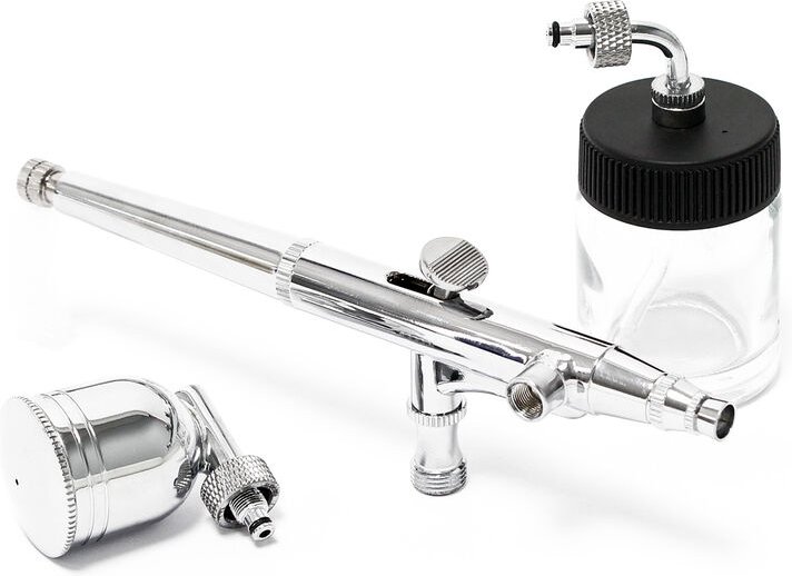 Wiltec Airbrush Pistole Typ 134 mit Double Action Funktion, Düse Ø 0,3 mm, 2 Farbbecher, Pipette, Adapter für Modellbau,...