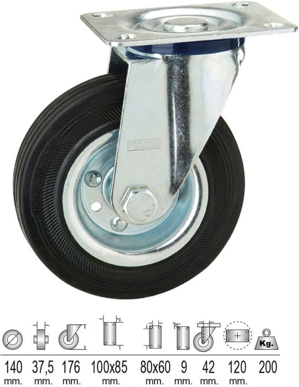 Schwarze, industrielle Gummirolle mit Platte 140 mm.