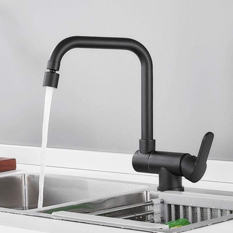 Schwarzer klappbarer Küchenhahn, Einhand-Klappmischer aus Messing mit heißem und kaltem Wasser, 360-Grad-Schwenk-Küchens...