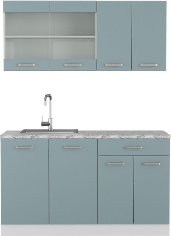 Vicco - Mini-Küche R-Line, Blau-Grau, 140 cm , ap Marmor