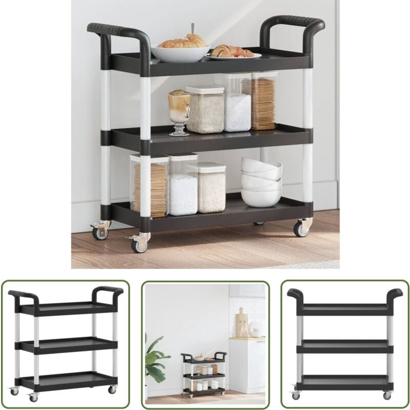 Rollwagen mit 3 Etagen Schwarz 77x34x72 cm Aluminium - Servierwagen - Küchenschrank - Mobiliar - Lagerung - Transport - ...