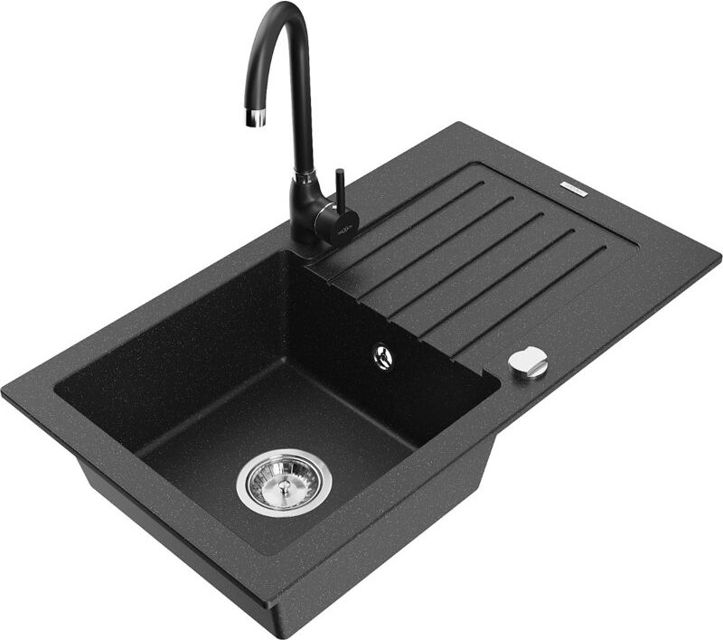 Pablo 1 Becken-Granitspüle mit Abtropffläche und Mischbatterie Telma, Schwarz/Silber - 6510-73 - Mexen
