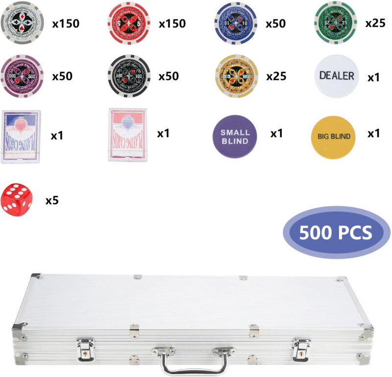 SWANEW Pokerkoffer 500 Chips Laser Pokerchips Poker 11.5 Gramm . 2 Karten. Händler. Small Blind. Big Blind Tasten und 5 ...