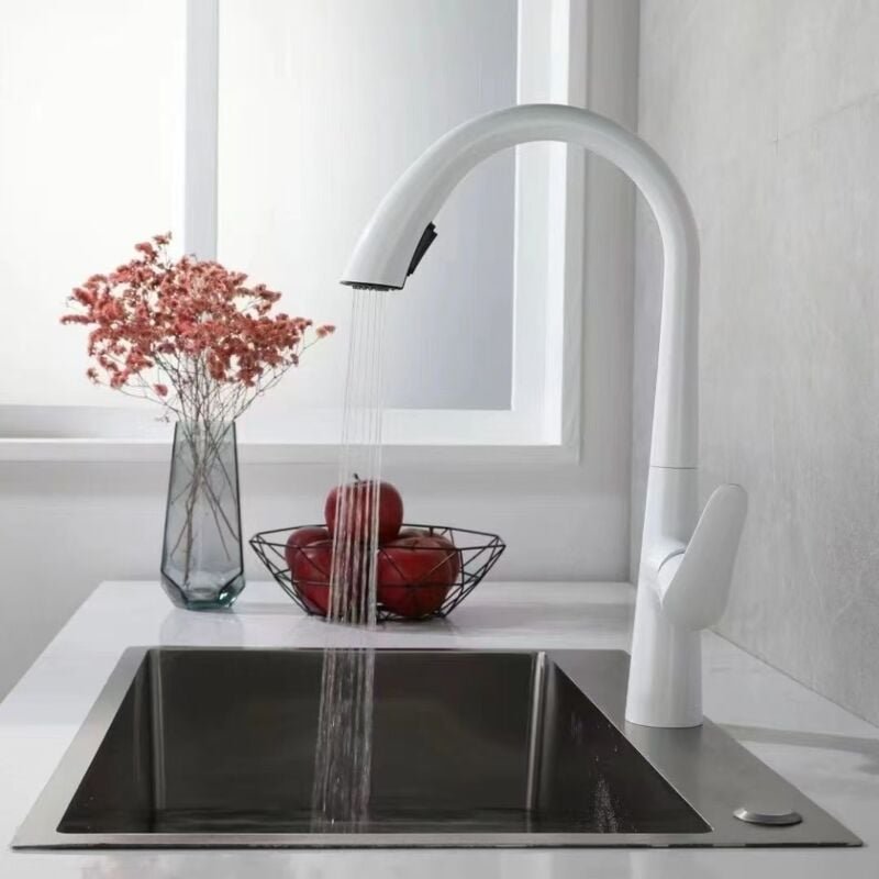 Wasserhahn Küche, Hochdruck Küchenarmatur mit Brause Ausziehbar, 360° Schwenkbar Spültischarmatur Küche - Weiß