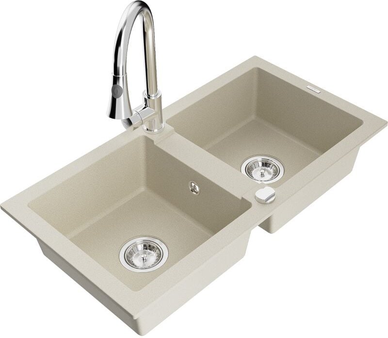 Mario 2-Becken-Granitspüle mit Mischbatterie Elia, Beige - 6504-69-670101-00 - Mexen