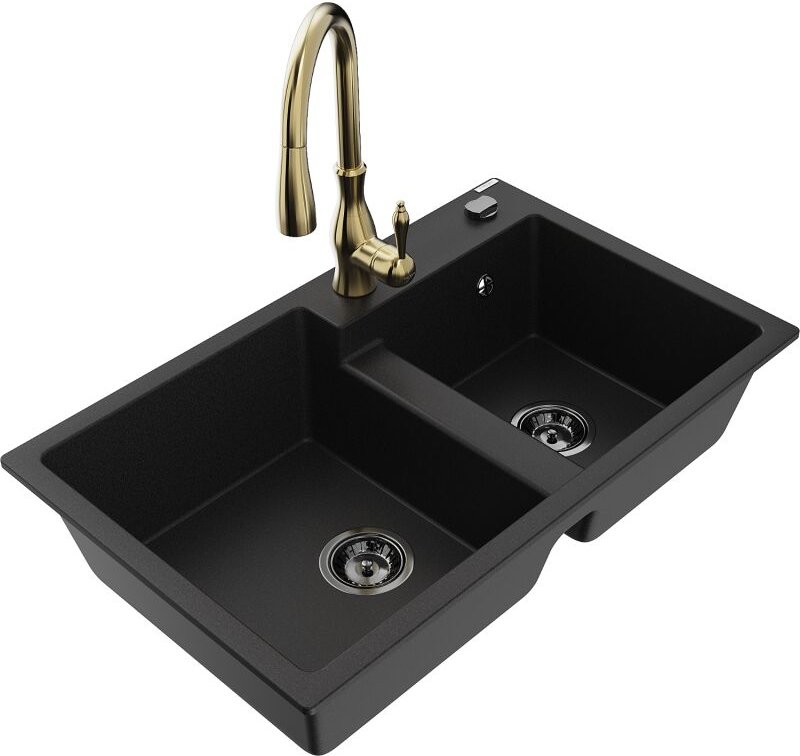 Tomas 2-Becken-Granitspüle mit Mischbatterie Savita, Schwarz - 6516-77-672601-50-B - Mexen