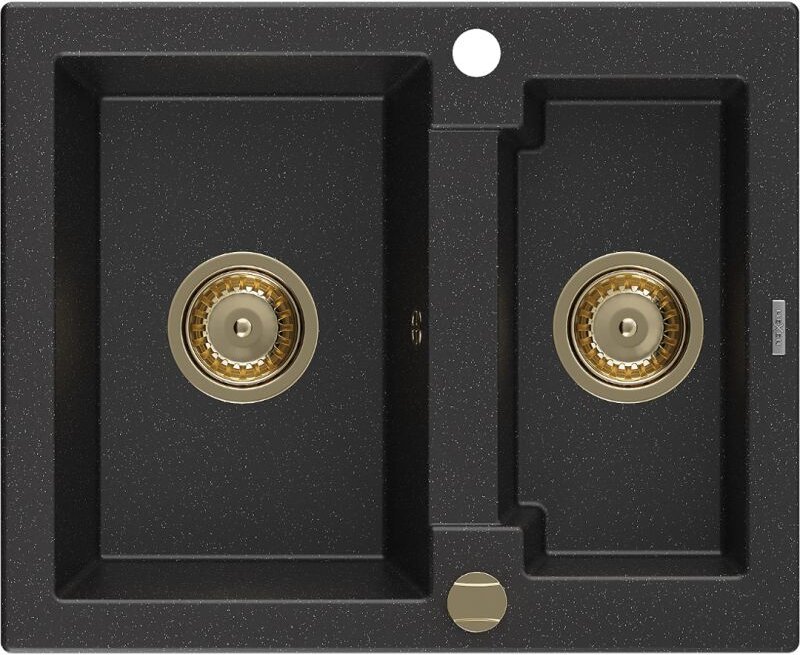 Carlos 1,5-Becken-Granitspüle 582 x 475 mm, Schwarz/Silbermetallic, Siphon Gold - 6518581500-7 - Mexen