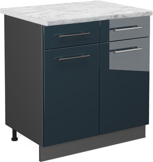 Vicco - Küchenschränke Fame-Line, Dunkelblau Hochglanz, 80 cm , ap Marmor
