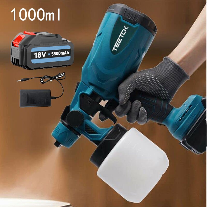 Farbspritzpistole, 1000-ml-Akku-Spritzpistole, hvlp Airless-Elektrozaun-Wandfarbspritzgerät + 5,5-A-Akku + Ladegerät, ko...