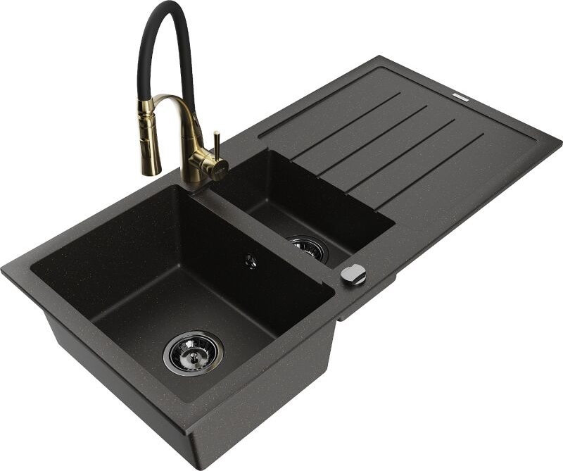 Andres 1,5-Becken-Granitspüle mit Abtropffl√§che und Mischbatterie Aster, Schwarz/Gold metallisch - 6515-75-73450-57-B -...