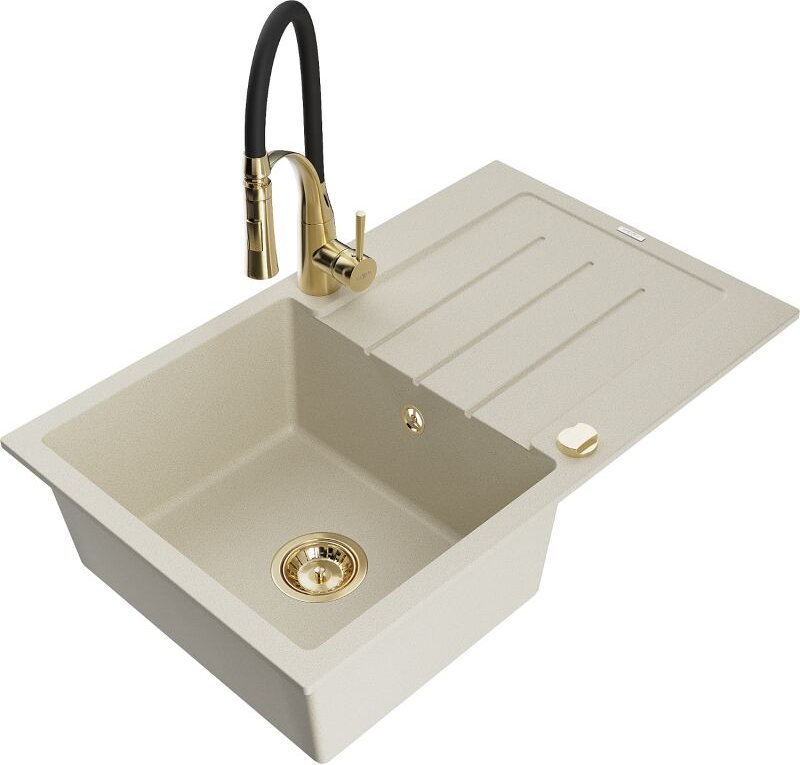 Bruno 1 Becken-Granitspüle mit Abtropffl√§che und Mischbatterie Aster, Beige - 6513-69-73450-57-G - Mexen